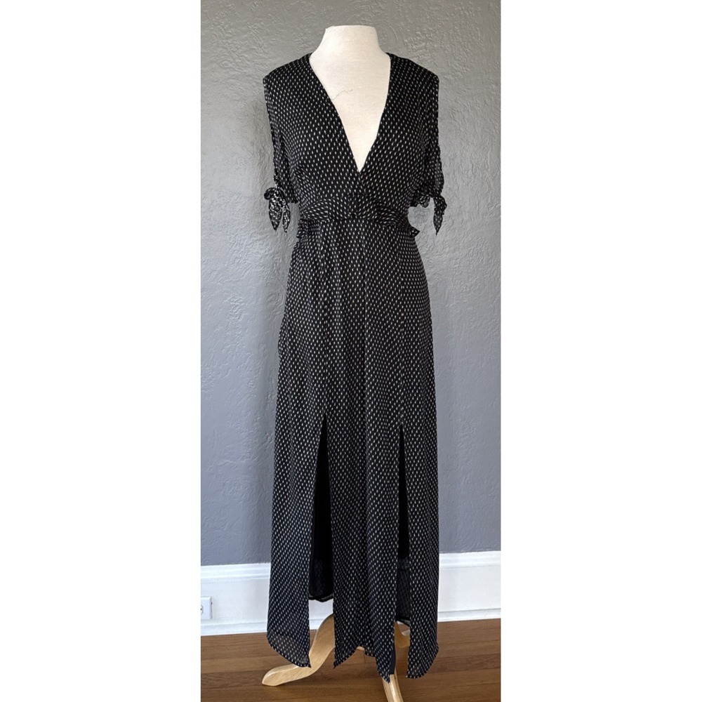 NWT Avec Les Filles Black And White Diamond-Dot Ruffle Maxi Dress Slit Size 6